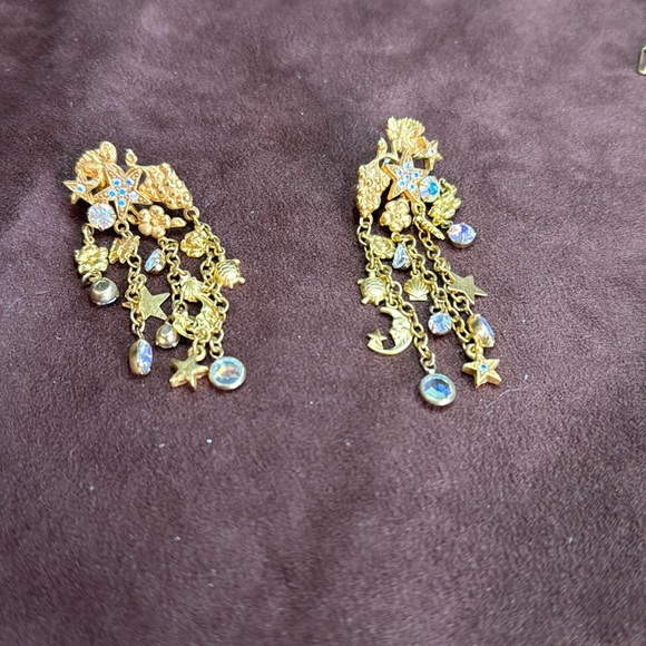 Kirks Folly Jewelry - Kirks Folly Long Gold Charm earrings W/Aurora Borealis Crystal moon & star